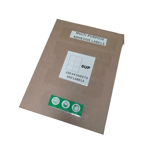 6UP Multi-Purpose Adhesive Labels – 100 A4 sheets 600 labels 1x Box